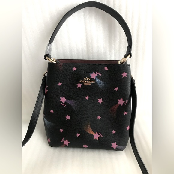 New coach Town Bucket Bag Pink Disco Star Print Black Leather Purse - Picture 3 of 9